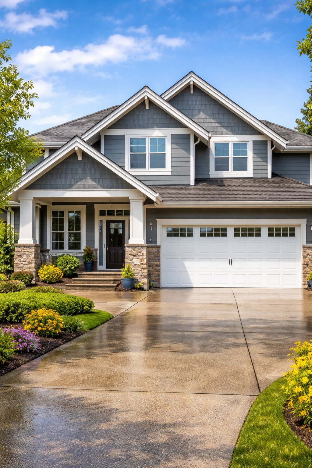 Beautiful craftsman home with clean roof, siding, and driveway - Green Eagle Pressure Washing